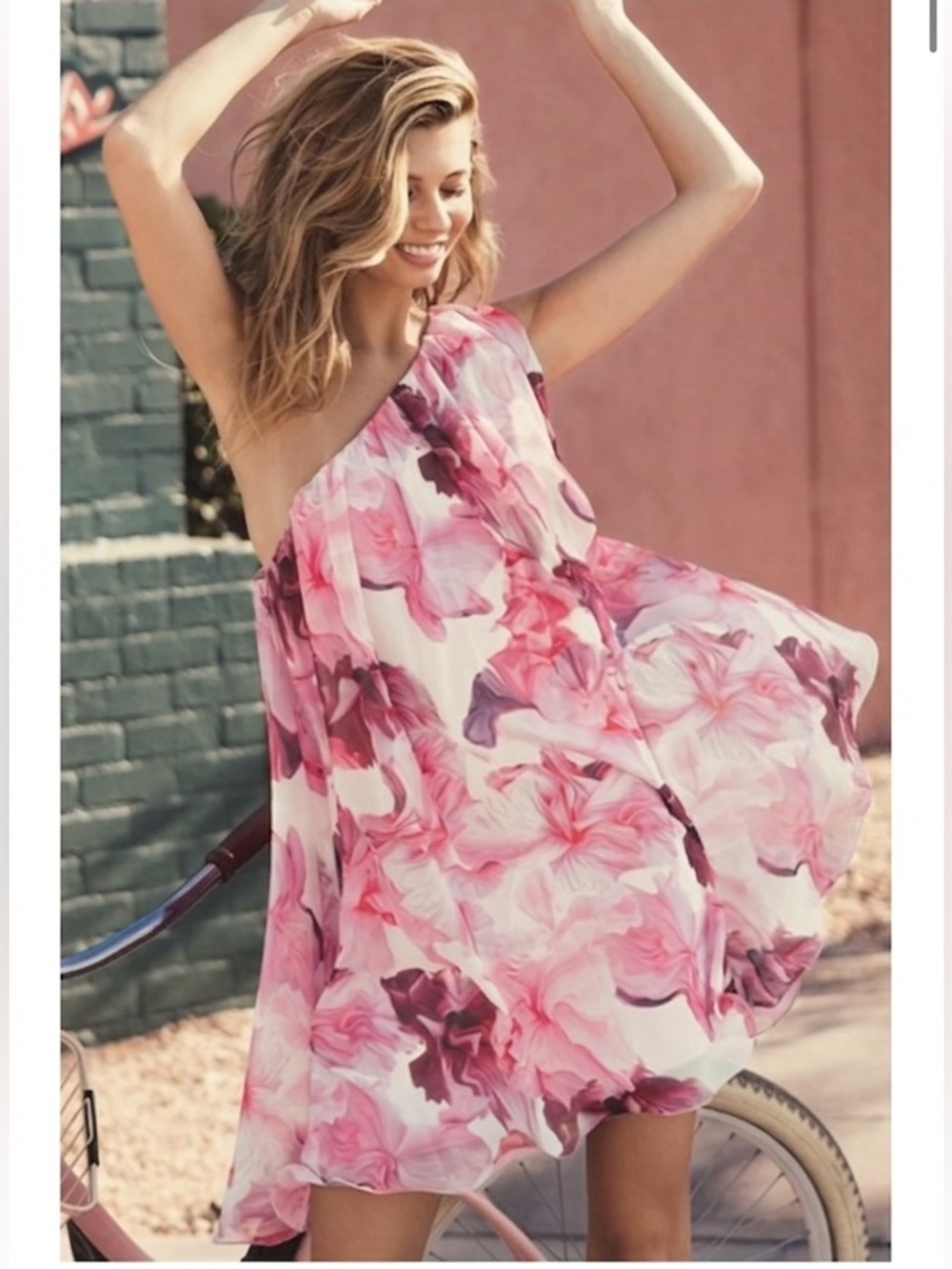 NWT MAC DUGGAL 55875 PINK Floral one shoulder swing Mini  Wedding Guest  sz 4